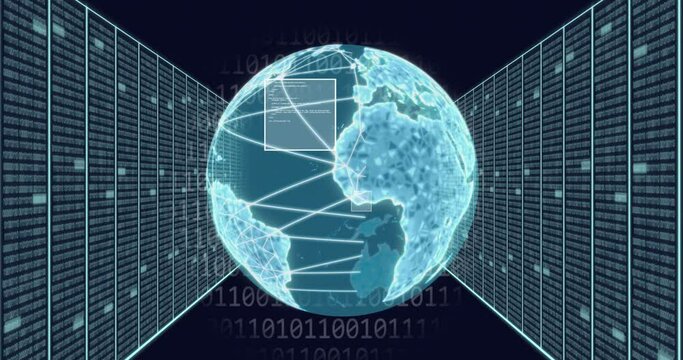 Animation of binary codes, computer language, rotating globe and server racks over black background