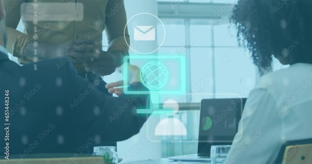 Poster animation of globe in computer and icons over diverse coworkers discussing reports in office