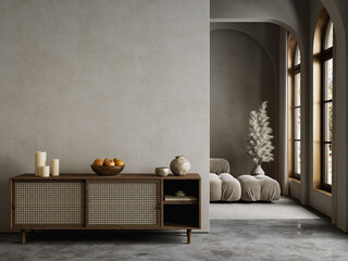 Gray contemporary loft interior with dresser, sofa, plaster and decor. 3d render illustration mockup.
