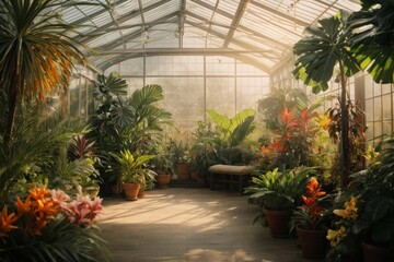 Fototapeta na wymiar Tropical garden in a greenhouse with flowers and plants in pots