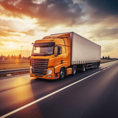 Fototapeta na wymiar Truck with container on highway, cargo transportation concept