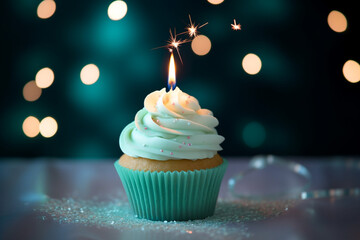 delicious birthday cupcake adorned with sparkling decorations takes center stage, tempting with its...