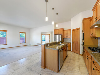 Modern residential kitchen and living room interior