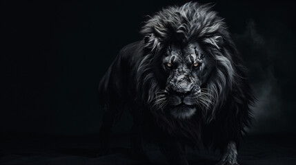The grayscale shot of the lion with a human body in black background
