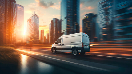 White modern delivery small shipment cargo courier van moving fast on motorway road to city urban suburb. Business distribution and logistics express service. Mini bus driving on highway on sunny day. - 651448816