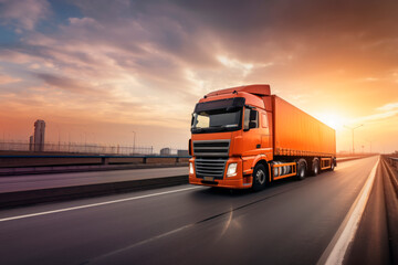 Fototapeta na wymiar Truck with container on highway, cargo transportation concept