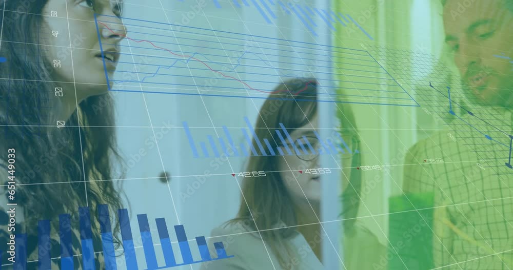 Poster animation of graphs and changing numbers over caucasian coworkers discussing strategy on board