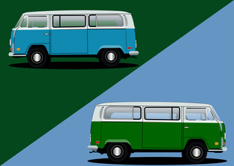 Vector illustration set of blue and green vintage mini bus. 
