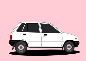 Vector illustration side view of white vintage car on pink background.
