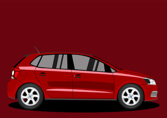 Vector illustration side view of red sports hatchback car on maroon background.
 - obrazy, fototapety, plakaty