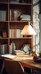 Office with a wooden interior. Stylish lamp and desk. Generative AI