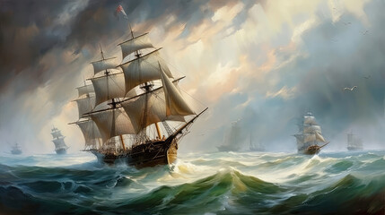 Large ship sailing the ocean, oil painting art . Generative AI - obrazy, fototapety, plakaty