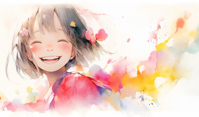 Obraz na płótnie Canvas 笑顔の少女のカラフルな水彩イラスト