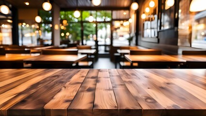 Fototapeta na wymiar Wooden table top on restaurant bokeh background. Generative AI 