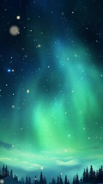 Vertical video snowy natural scenery at night with aurora sky. A beautiful green and red aurora dancing over the hills.