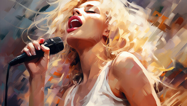 Painting of a Woman Singing in a Microphone