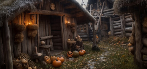 Halloween scene. An abandoned village with old village houses and carved pumpkins.