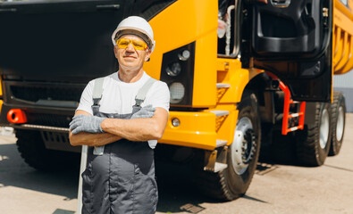 Portrait of driver truck standing background industry lorry. Concept professional industrial worker...