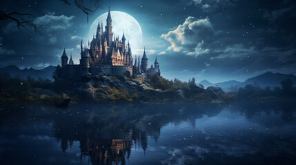 The mystical castle island on the lake at moonlight