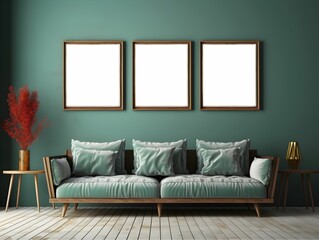 Interior of modern living room with blue wall, wooden floor, blue sofa and mock up poster frames. 