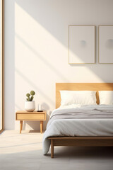 A bedroom adorned with a Scandinavian platform bed, crisp white bedding, and a wall-mounted floating nightstand. Generative AI - obrazy, fototapety, plakaty