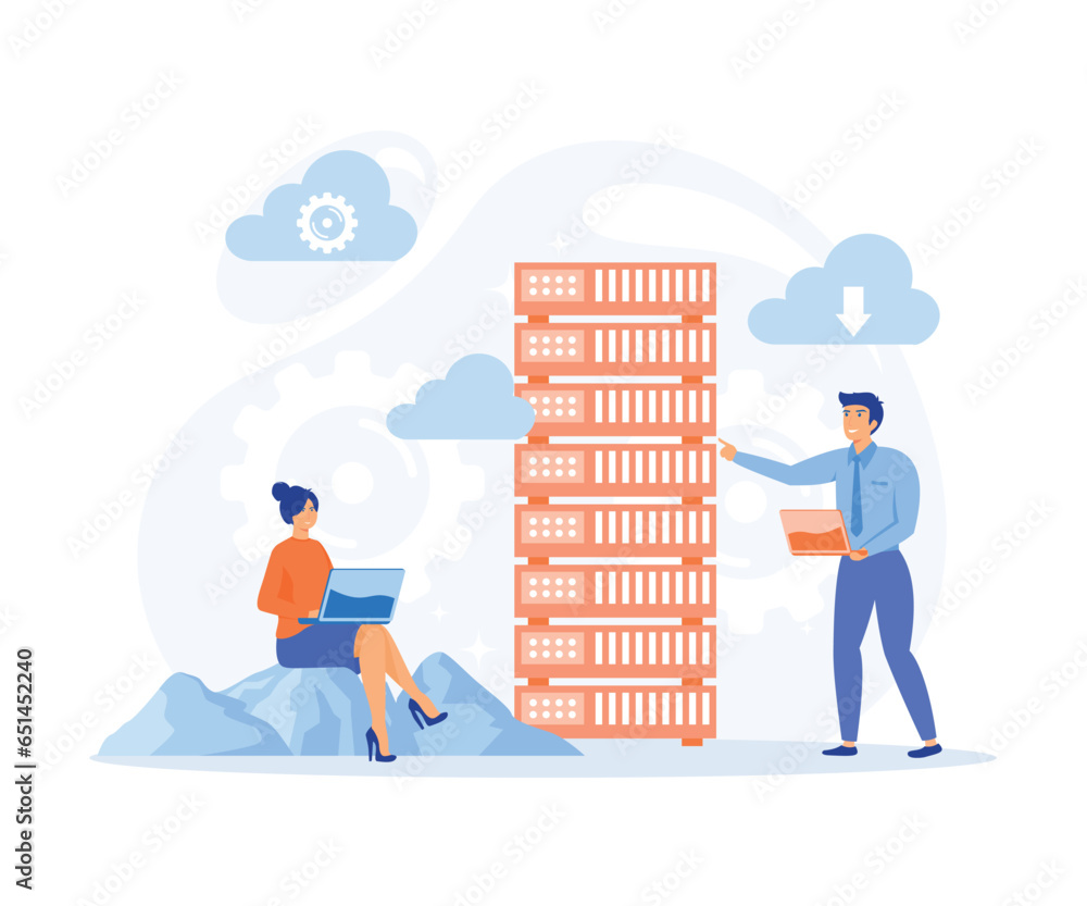 Poster cloud data server, online database storage technology concept. data storage engineering, flat vector