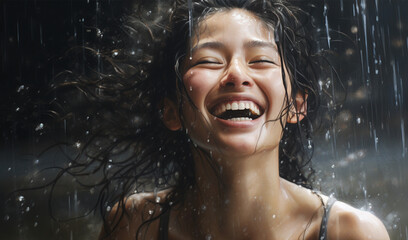 Obraz premium 水しぶきとスポーティーな笑顔の女性