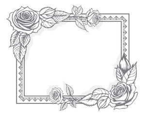 Vector template of blank greeting card. Graphic roses with leaves in a frame.