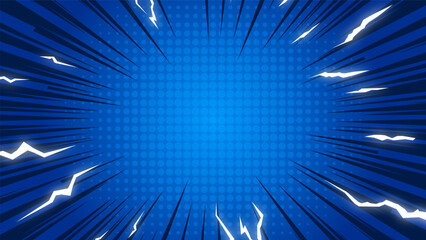 Naklejka premium Comic Blue Background With lightning Power Fx/ Illustration of a powerful comics like page layout background with rays and halftone dots focus on center