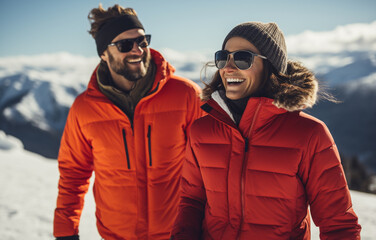 雪山で笑い合うカップル