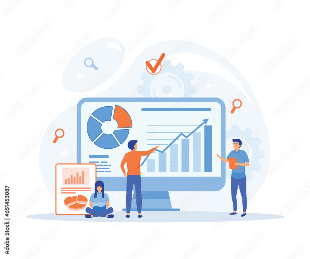 Poster data analysis homepage or header decorated people character for website and mobile website developme