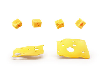 Set of delicious cheese pieces on white background. 3d illustration.