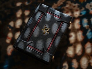 Black leather book with pentagram captured in shadow