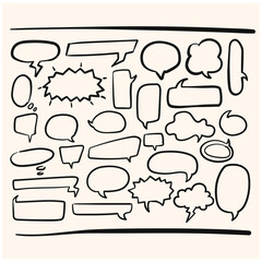 set of cute speech bubbles in doodle style with cream colored background