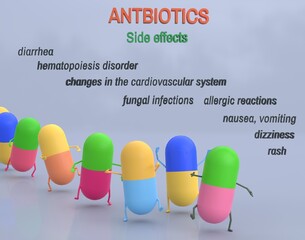 Offensive of drugs with list of symptoms, 3d render