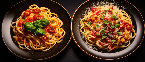 Three hot plates of italian pasta cooked recipes carrot - obrazy, fototapety, plakaty