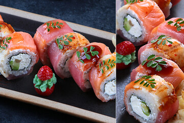 Photo collage rolls with smoked salmon and strawberries. Philadelphia cheese. Kaisen rolls. Dark background. Vegetarian food. Traditional Japanese dish.