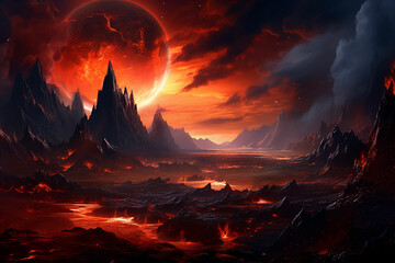 an image of a fiery landscape with mountains and lava