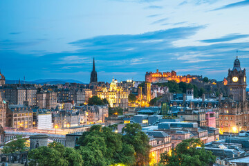 Old town Edinburgh and Edinburgh castle in Scotland UK at night time