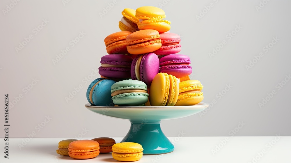 Poster a blue plate with a stack of colorful macaroons on it. generative ai