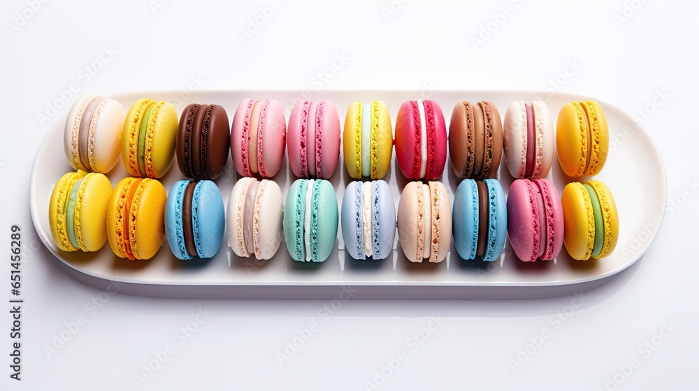 Poster a white tray filled with different types of macaroons. generative ai