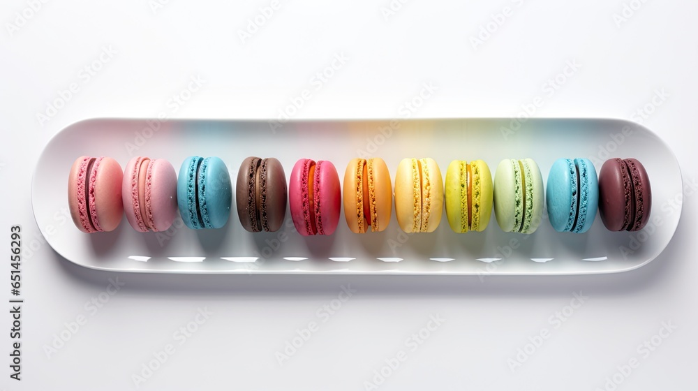 Poster a white tray filled with different colored macaroons on top of each other. generative ai