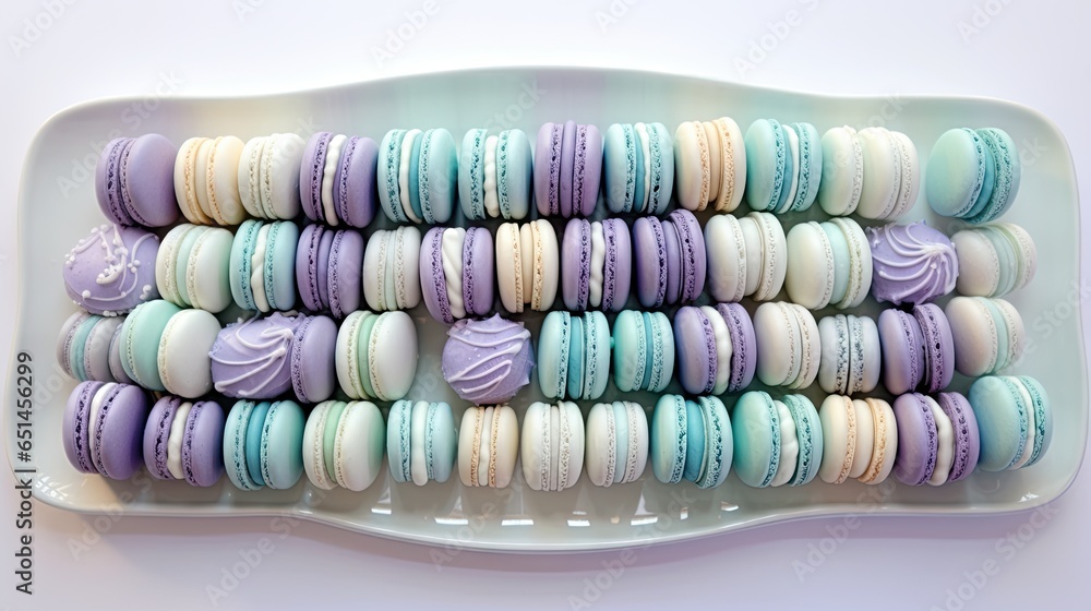 Poster a tray of macaroons with different colors of icing. generative ai
