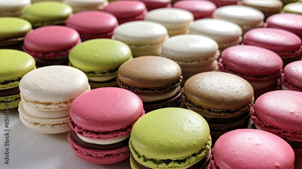 Poster a bunch of different colored macaroons on a table. generative ai