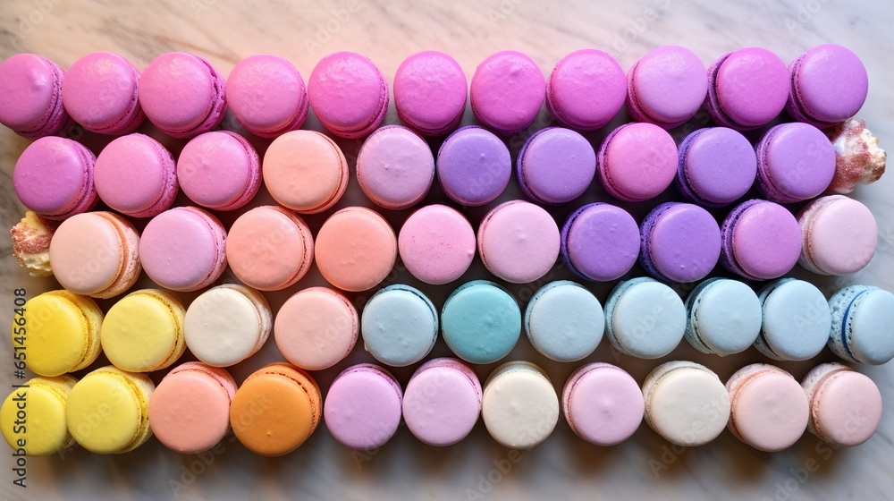 Poster a bunch of different colored macaroons on a table. generative ai
