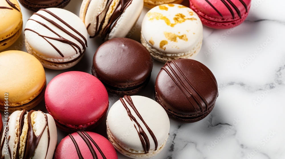 Aufkleber a bunch of different colored macaroons on a table. generative ai