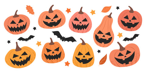 Collection of hand drawn halloween elements. Halloween pumpkins and ghosts.