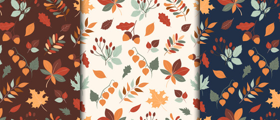 Autumn seamless pattern with leaves, pumpkin, acorns, mushrooms. Design with hand drawn autumn elements. © AlyxArt