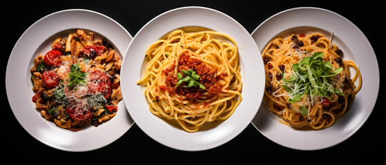 Fototapeta na wymiar Three hot plates of italian pasta cooked recipes carrot