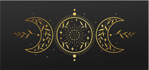 Golden moon phases print. Mystical gold lunar phase tattoo. Elegant illustration.